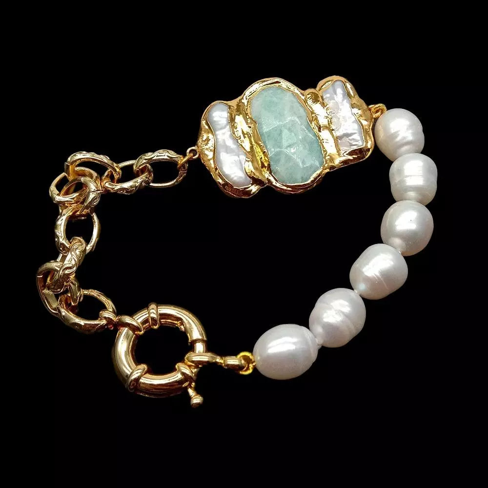 Y.YING natural Cultured White Rice Pearl Amazonite Biwa Pearl Chain Bracelet  8"  vintage style for women