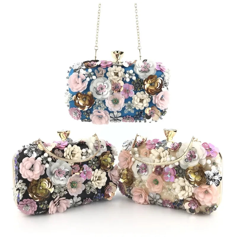 Beaded Floral Evening Clutch Women Fashion Banquet Handbag Elegant Party Prom Shoulder Bag Female Metal Chain Crossbody Purse