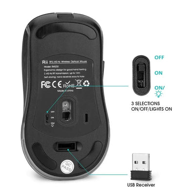 Rii RM200 2.4G Mouse Wireless 5 Buttons Rechargeable Mobile Optical Mouse with USB Nano Receiver,3 Adjustable for PC