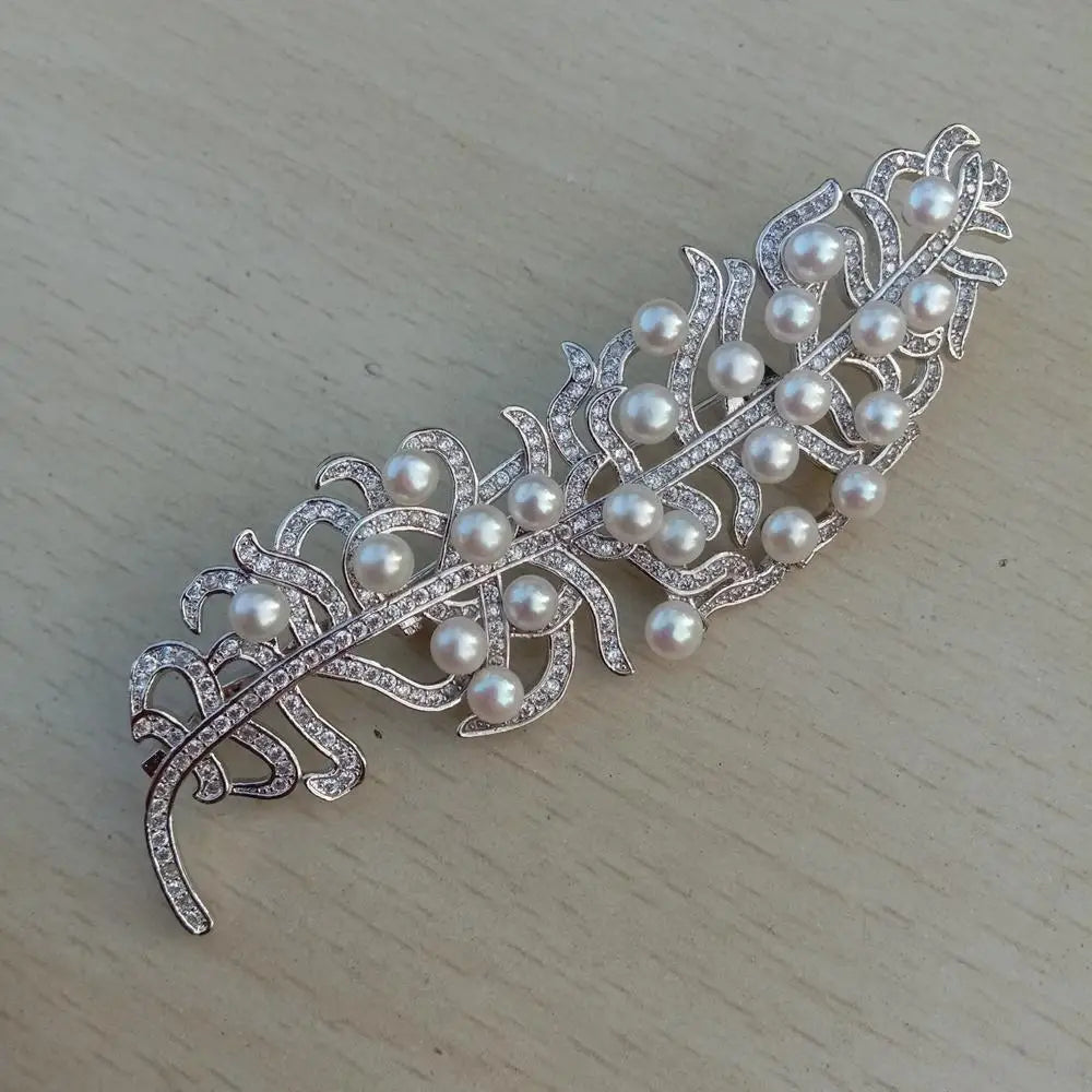 Y·YING  Freshwater Cultured White Pearl Cubic Zirconia Pave Feathers Shape Brooch Pin office style for women