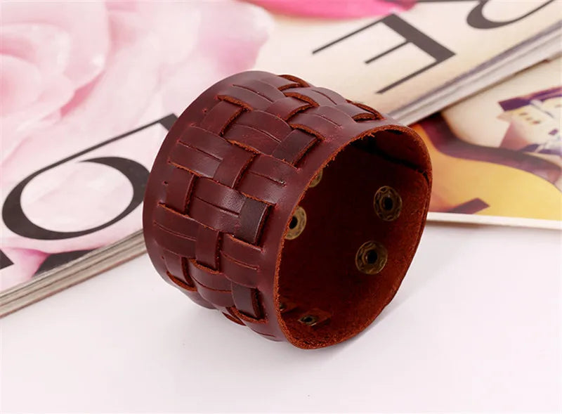 ZORCVENS Handmade Genuine Leather Bracelets Brand Fashion Brown Punk Wide Cuff Bracelets & Bangle for Women Men Jewelry