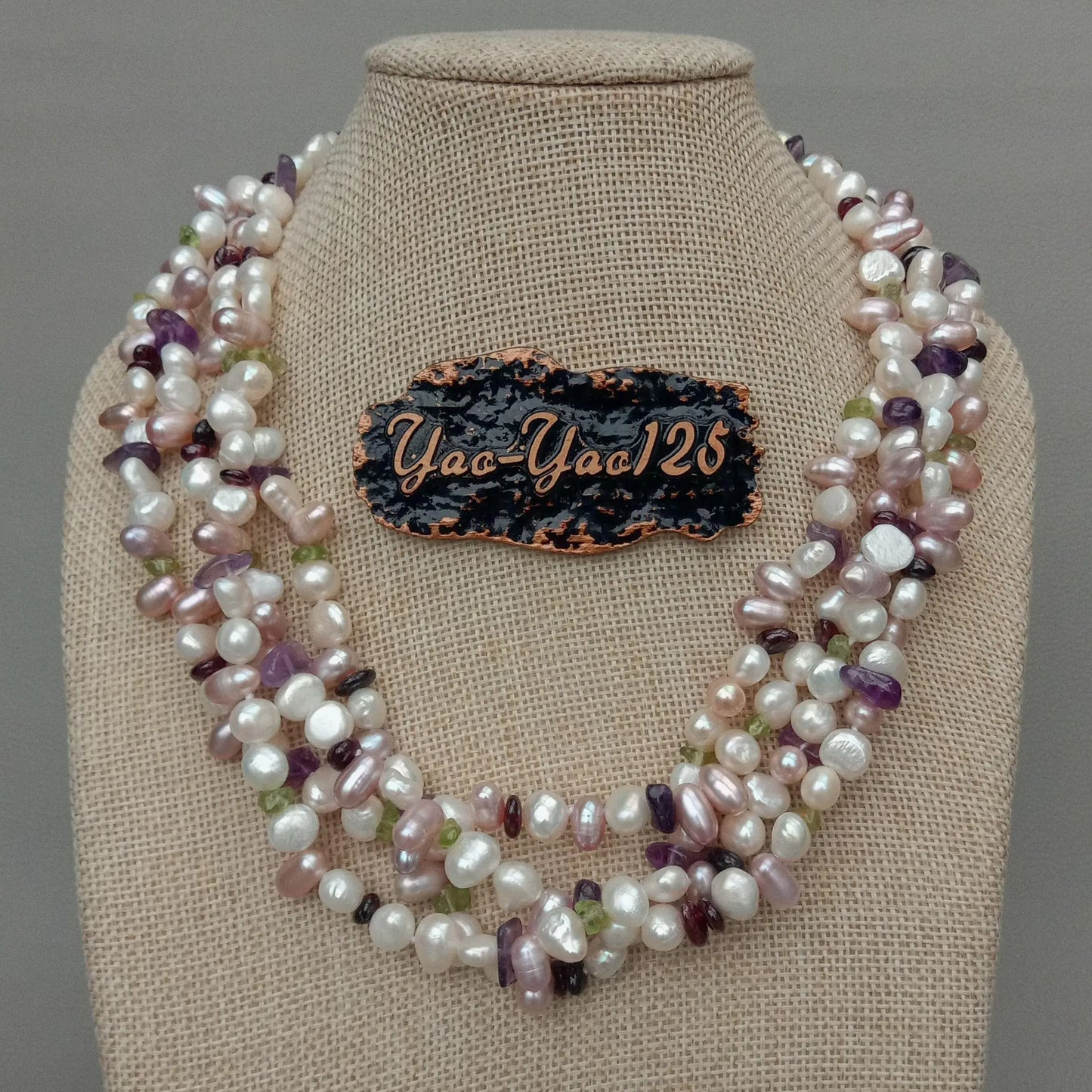 YYGEM 4 Strands 19'' Pearl Prehnite Amethyst Garnet Necklace