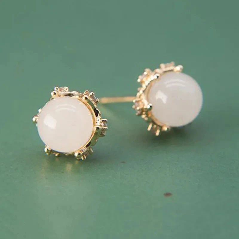 Inspired design diamond-studded natural white jade round earrings palace style retro exquisite charm ladies jewelry