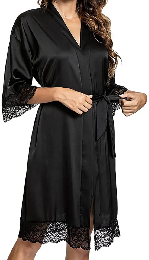 2021 New Women Ladies Sleepwear Lace Half Sleeve Nightgowns Imitation Ice Silk Sleepwear Women Night Dresses With Belt