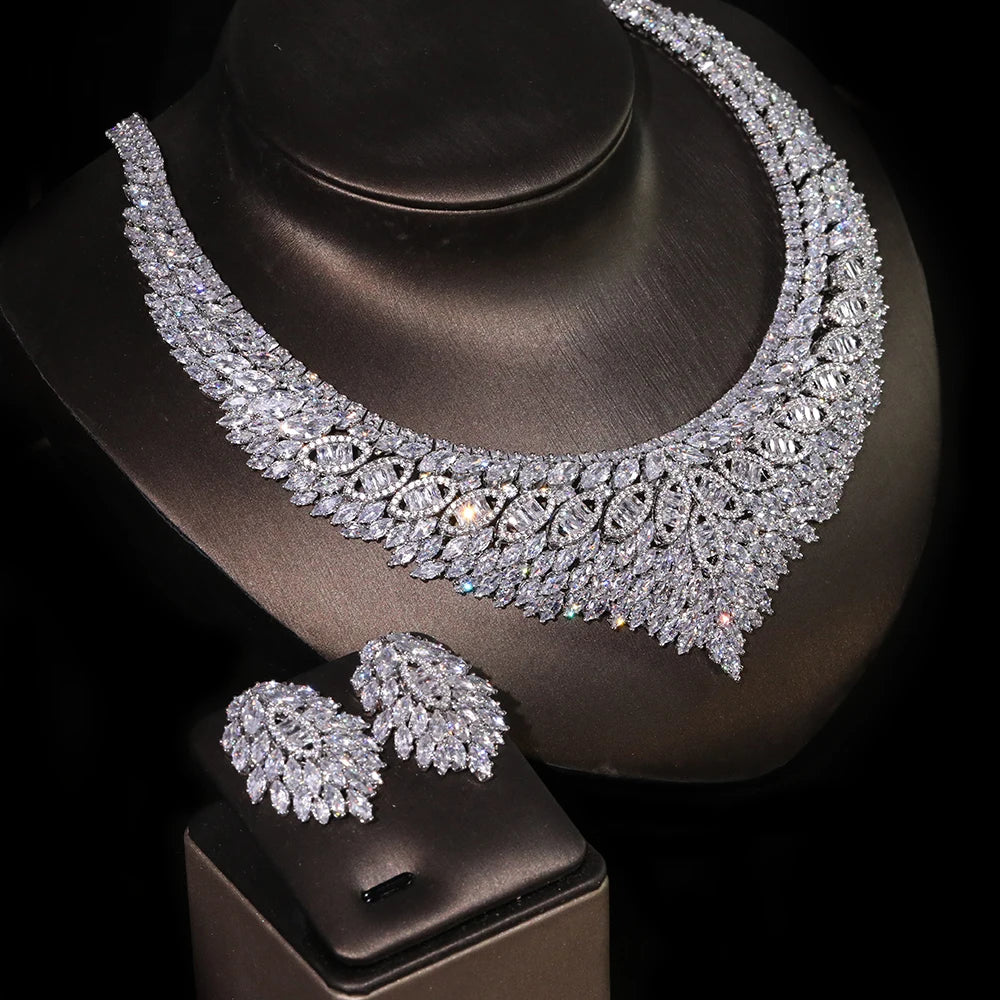 Luxury bridal wedding ladies necklace cubic zirconia crown 4 pieces Dubai jewelry set golden wedding anniversary accessories