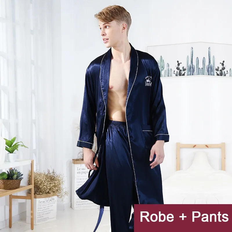 Men Robe Set Satin Loose Kimono Bathrobe Gown  Long Sleeve Autumn Sleepwear Nightgown Bridegroom Wedding Intimate Lingerie