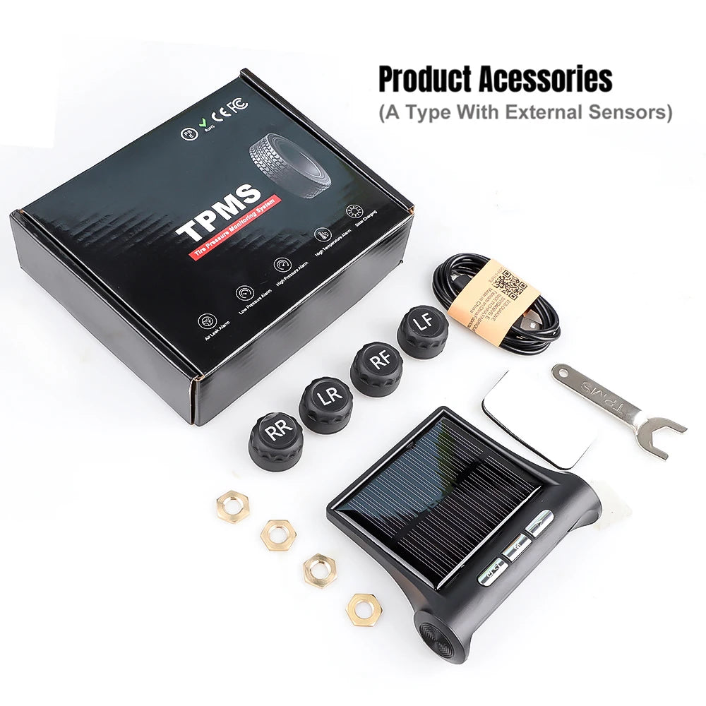 Smart Solar Power TPMS Car Tire Pressure Monitor System Real Time Tire Presure Display Wireless 4 External Sensors Dropshipping