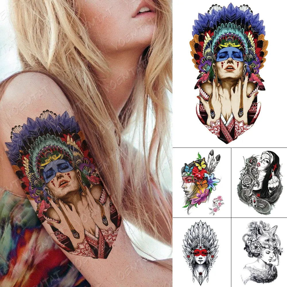 Waterproof Temporary Tattoo Stickers Witch Shaman Indian Wreath Color Flash Tattoos Female Arm Thigh Body Art Fake Sleeve Tatoo