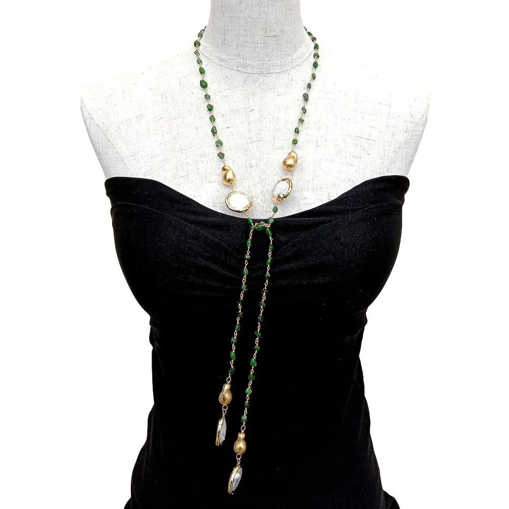 Y.YING Natural Green Diopside Cultured White Coin Pearl Long sweater chain Necklace 41"