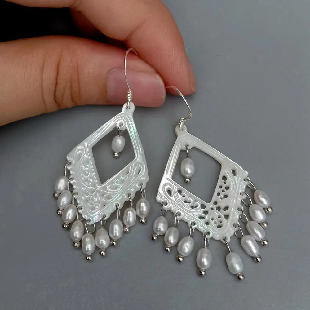 Y·YING Natural White Sea Shell Rhombus Hollow-Carved White Rice Pearl Dangle 925 Silver Hook Earrings