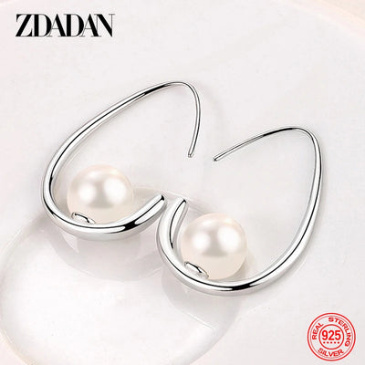 ZDADAN 925 Sterling Silver Pearl Round Dangle Earrings For Women Charm Party Jewelry Gift