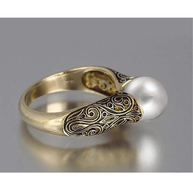 Fashion Imitation Pearl Ring Jewelry Elegant Vintage Pattern Wedding Ring for Women Accessories Party Women's Rings