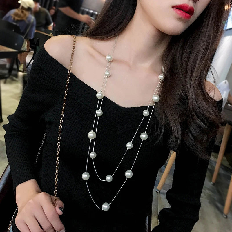 New Long Double Layer Simulated Pearl Necklace Women Sweater Chain  Female Collares Statement Jewlery Wholesale 2024