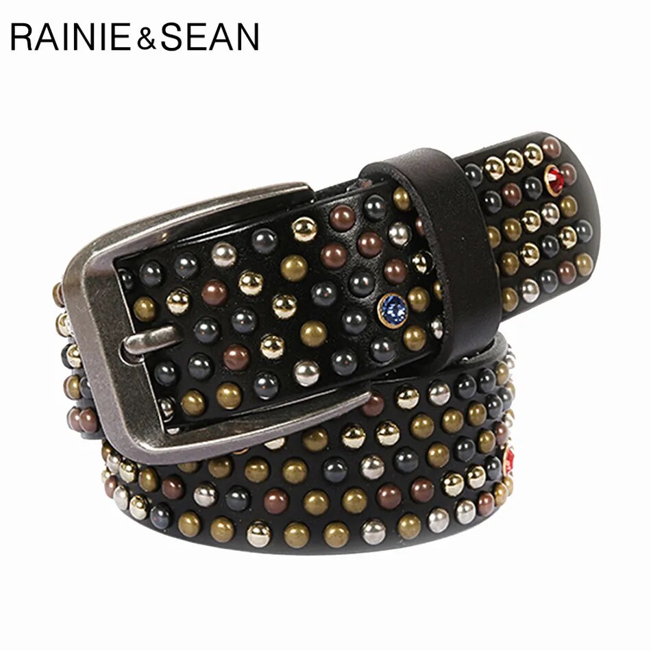 RAINIE SEAN Real Leather Belt Men Rivet Pin Buckle Belts Brown Italian Genuine Leather Cowhide Diamond High Quality Male Belt
