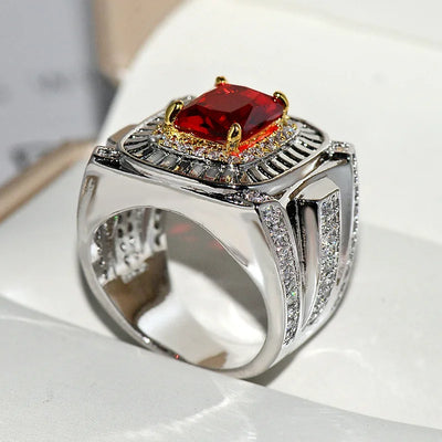 Big Red Zircon Square Ring With Yellow Gold Filled Large Wedding party engagement Ring Male Wide Finger silver Rings For Men