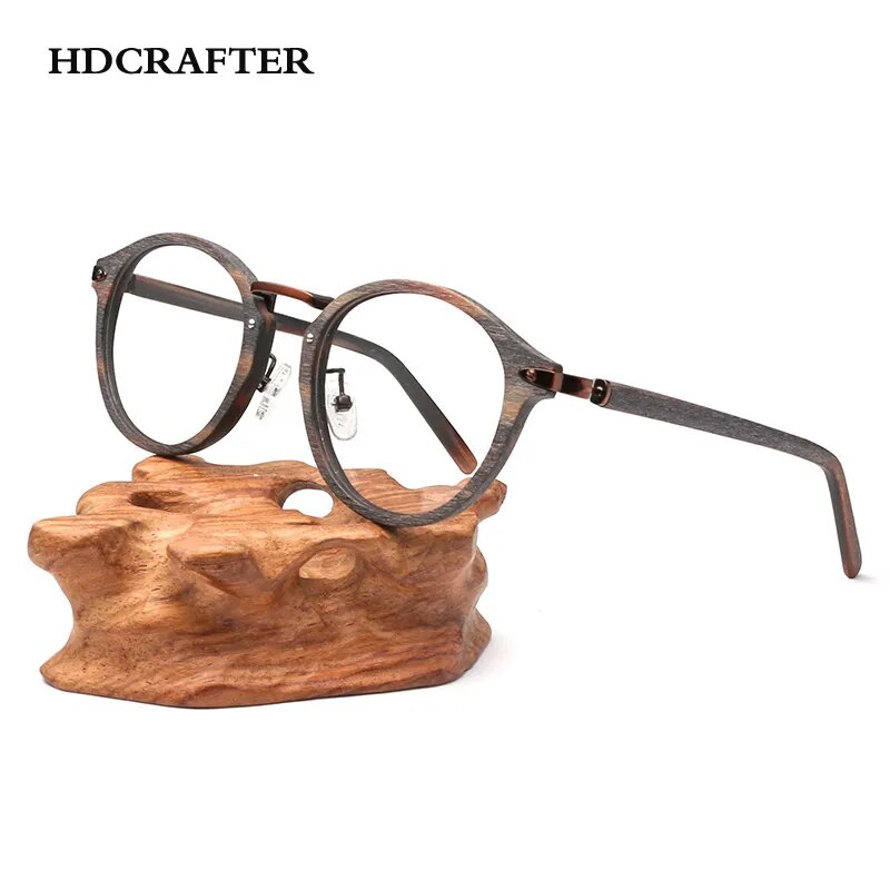 HDCRAFTER Prescription Eyeglasses Frames For Men and Women Retro Round Wood Grain Optical Glasses Frame with Clear Lens