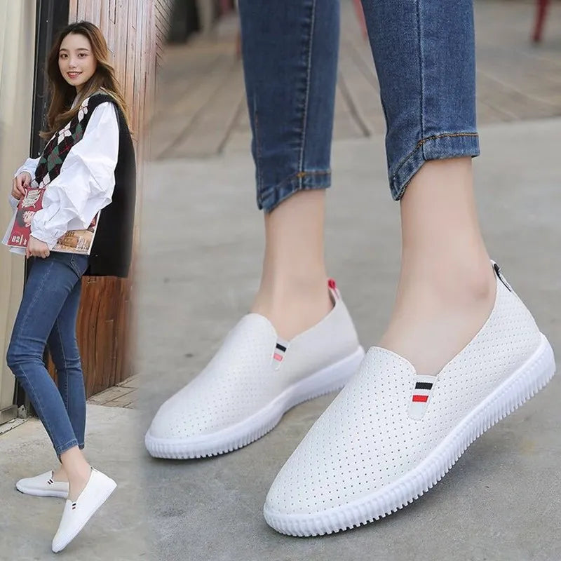 Women Sneakers White Flats Cut-Out Woman Loafers Pu Leather Slip on Shoes Low Heels Casual Shoes Espadrilles Ladies Shoes N7145