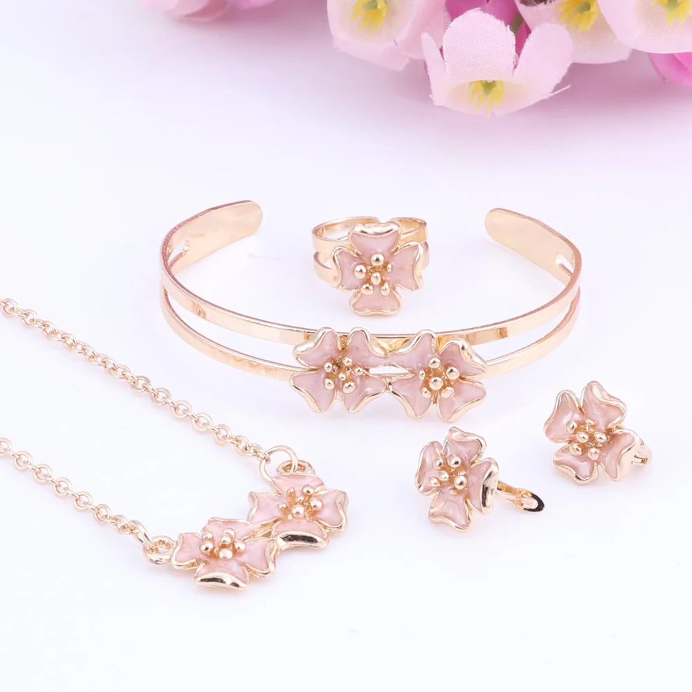 Fashion Girl Jewelry Lovely Flower Children Necklace Bangle Earring Ring Kids Baby Costume Jewelry Set 5 Colors