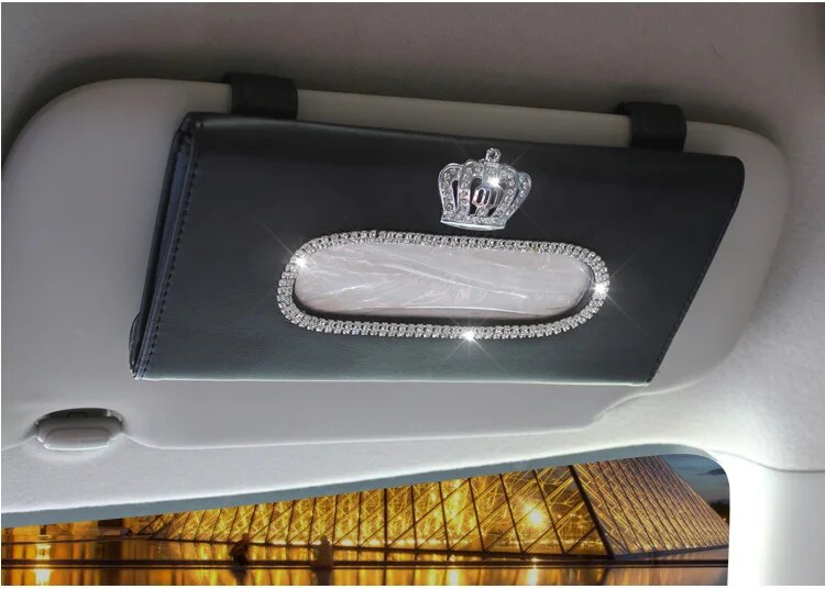 Fashion Crown Crystal Car Tissue Box Sun Visor Leather Auto Tissue Bag Sunvisor Hanging Holder Case Napkin For Car Accessories