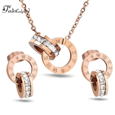 Fairladyhood Lucky Roman Digital Pendant Necklace Set Stainless  Steel Clavicle Pendant Fashion Wild Stainless Steel Jewelry Set