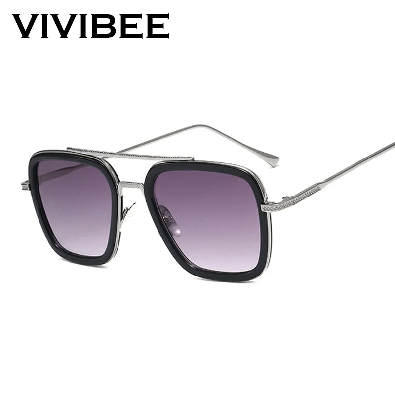 VIVIBEE 2024 Square Men Edith Sunglasses Vintage Tony Stark Silver Metal Frame Blue Lens Glasses Fashion Women Steampunk Eyewear