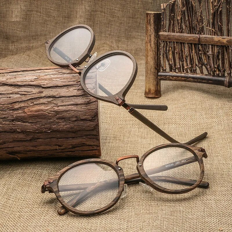 HDCRAFTER Prescription Eyeglasses Frames For Men and Women Retro Round Wood Grain Optical Glasses Frame with Clear Lens