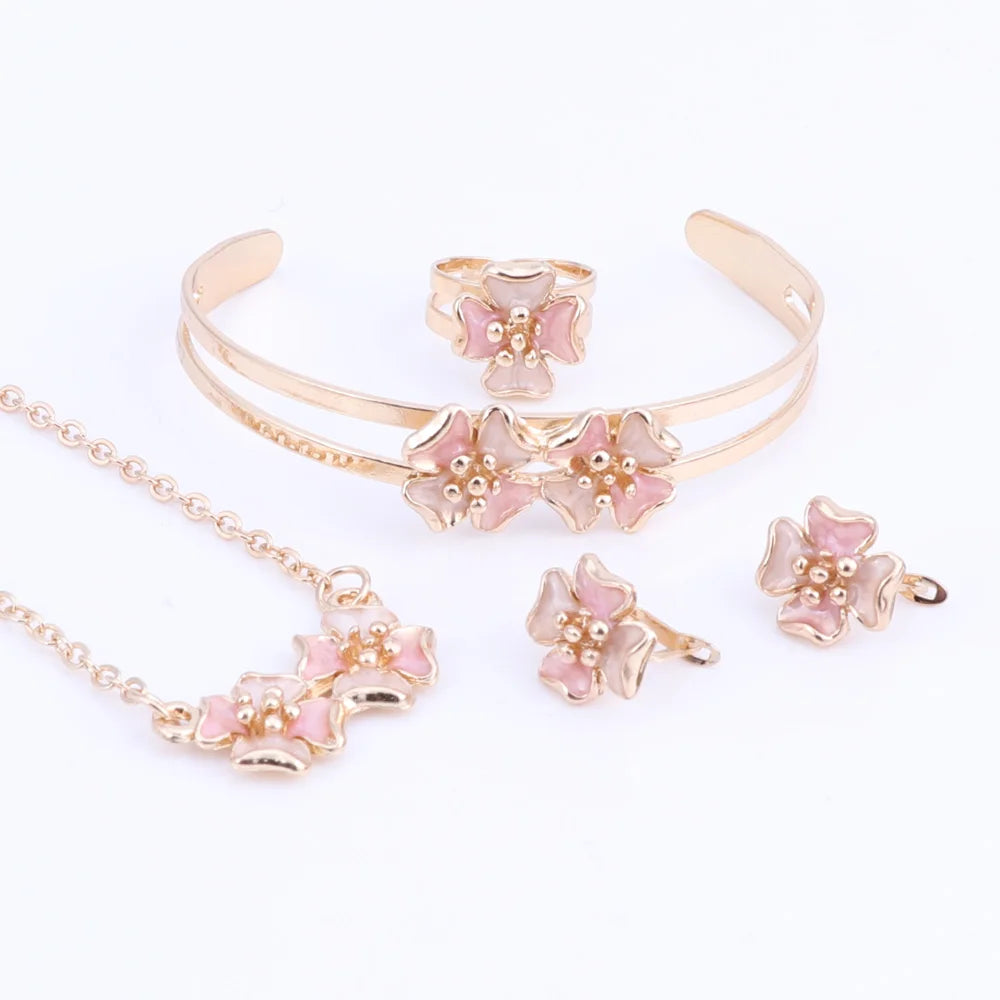 Fashion Girl Jewelry Lovely Flower Children Necklace Bangle Earring Ring Kids Baby Costume Jewelry Set 5 Colors