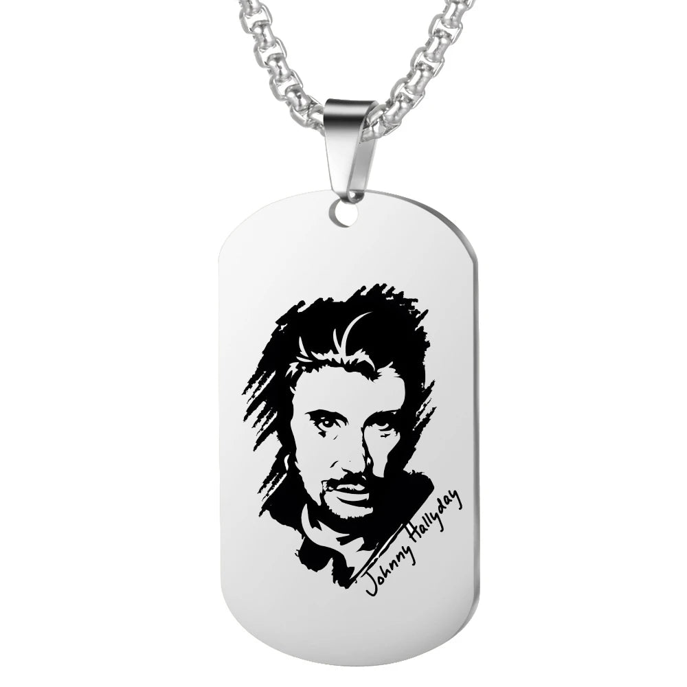 Silver Plated 2 Sides Engraved French Rocker Johnny Hallyday Photo Necklace Pendant female male bijoux femme SL-049