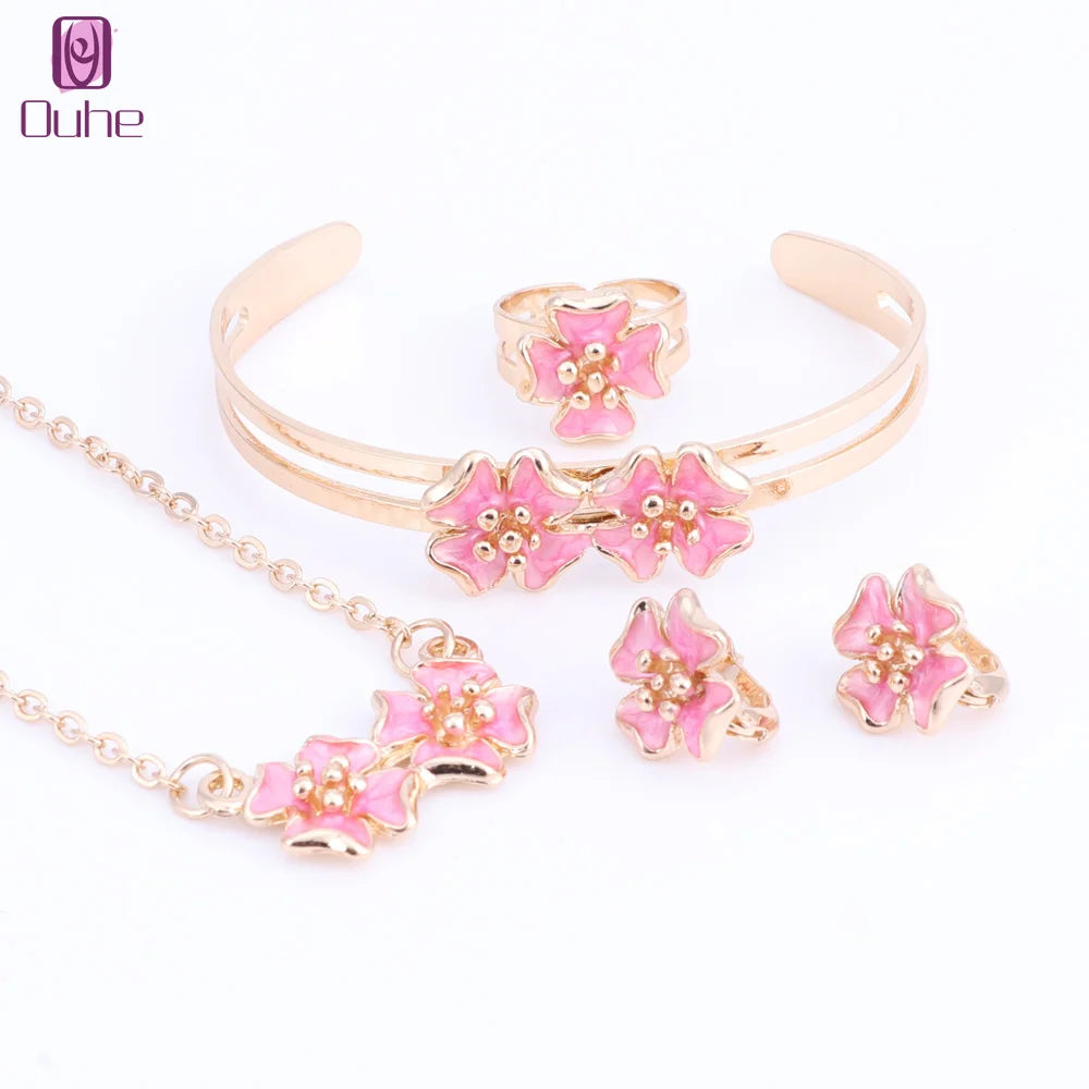 Fashion Girl Jewelry Lovely Flower Children Necklace Bangle Earring Ring Kids Baby Costume Jewelry Set 5 Colors