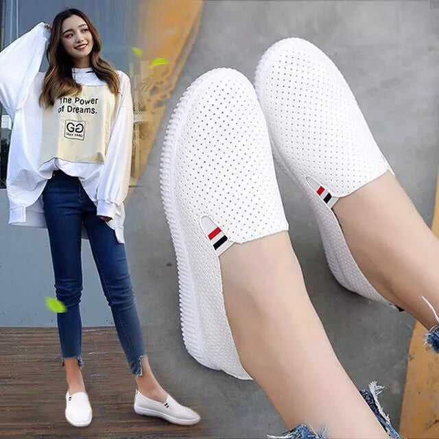 Women Sneakers White Flats Cut-Out Woman Loafers Pu Leather Slip on Shoes Low Heels Casual Shoes Espadrilles Ladies Shoes N7145