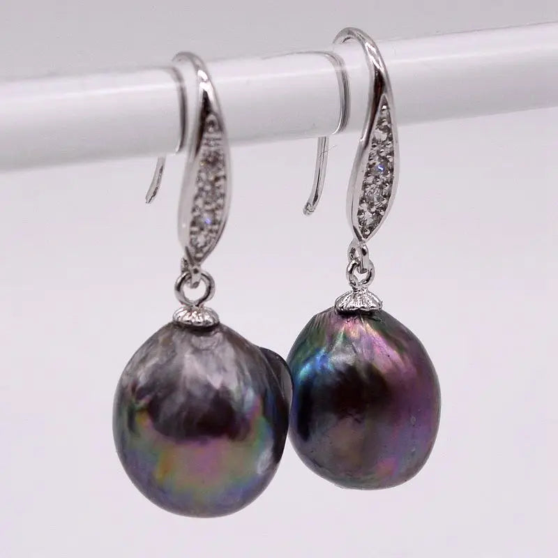 Black Pearl Earrings Natural Baroque Pearl Silver Earrings Drop-shaped Black and Blue Pearl Women's Earrings Mother's Gift