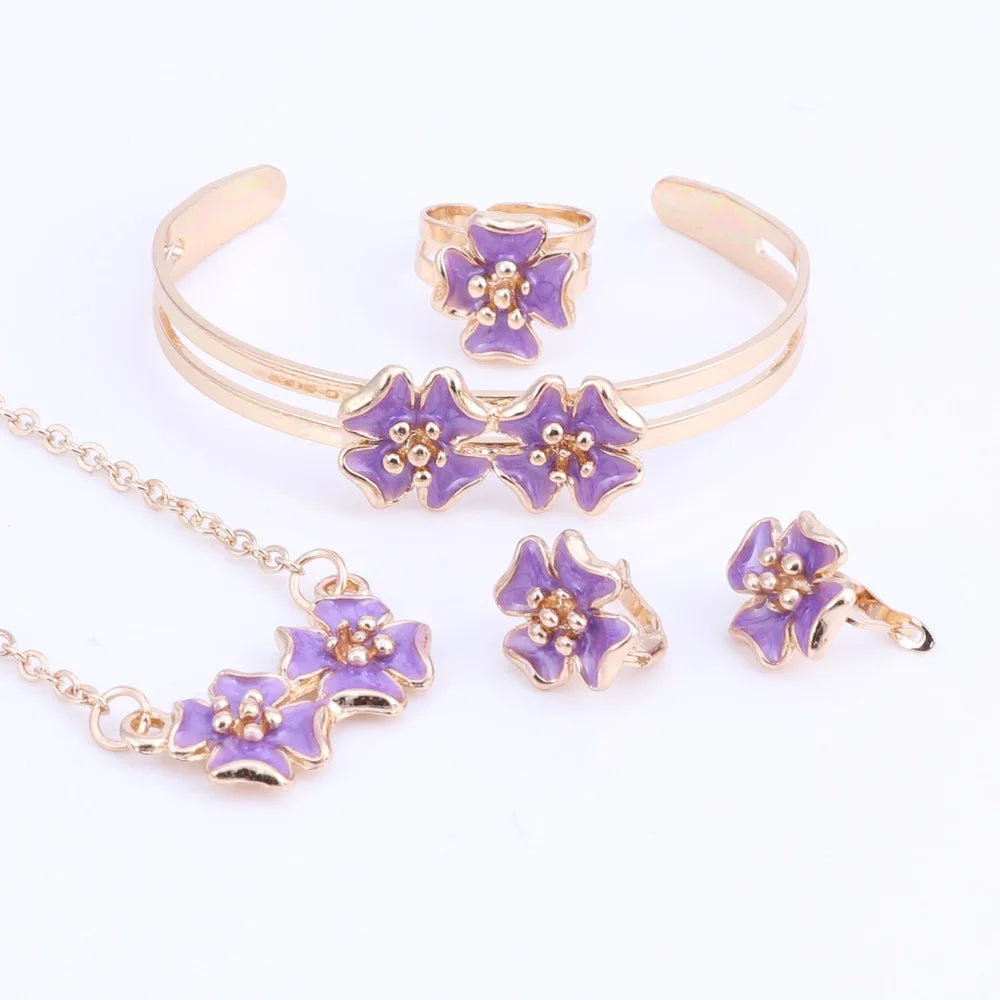 Fashion Girl Jewelry Lovely Flower Children Necklace Bangle Earring Ring Kids Baby Costume Jewelry Set 5 Colors