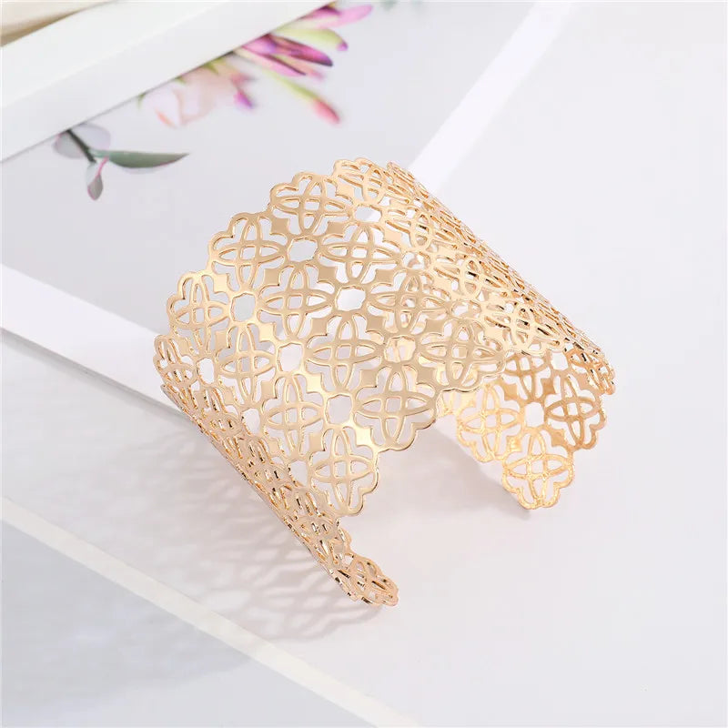 European Shiny Metal Flower Leaf Rhombus Bracelet For Women Men Open Adjustable Wide Cuff Bracelet Party Wedding Jewelry B26