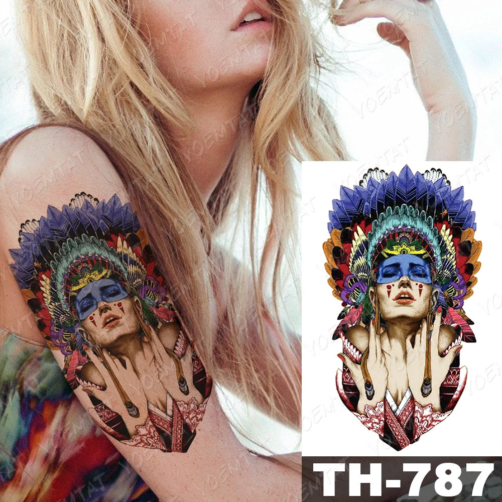 Waterproof Temporary Tattoo Stickers Witch Shaman Indian Wreath Color Flash Tattoos Female Arm Thigh Body Art Fake Sleeve Tatoo