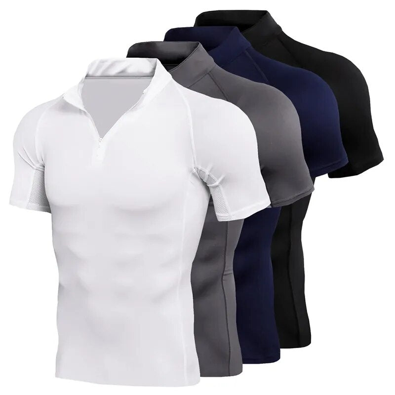 Half Zip Stretch Quick Dry Stand Collar Running Shirt Men Compression Crossfit Trainning Gym Fitness T-Shirt Sportswear Clothing