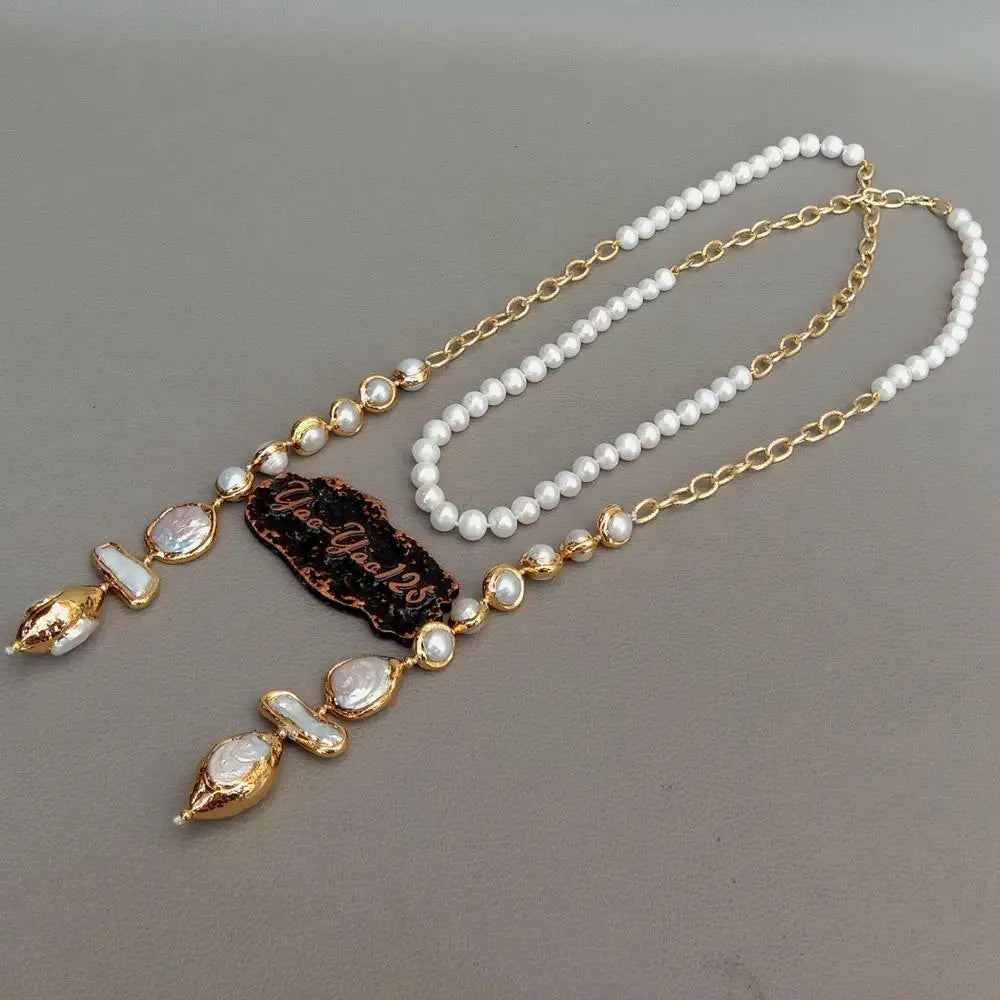 Bezel set White Keshi Pearl Chain Long Necklace For Women 52''