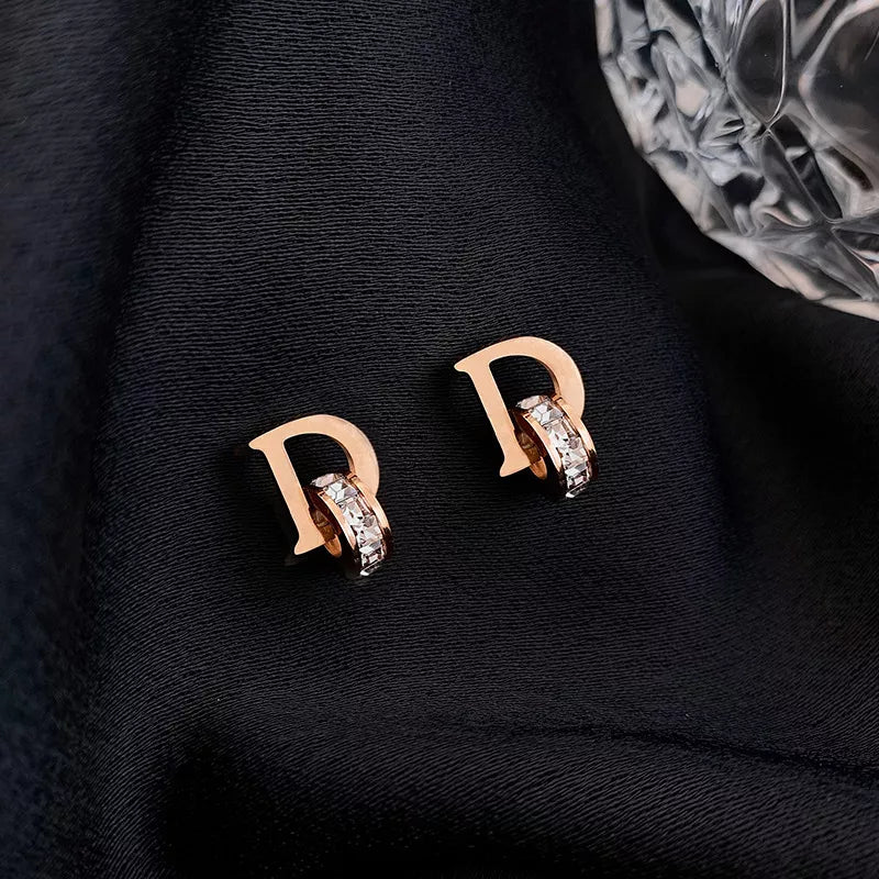 New titanium steel zircon D letter Circle Earrings luxury party earrings for women christmas Unusual Fashion versatile Earrings