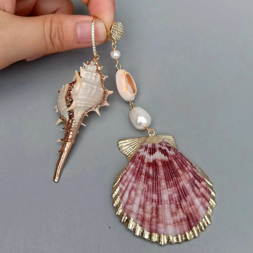 Y·YING Natural Sea Shell White Rice Pearl Asymmetric Dangle Stud Earrings