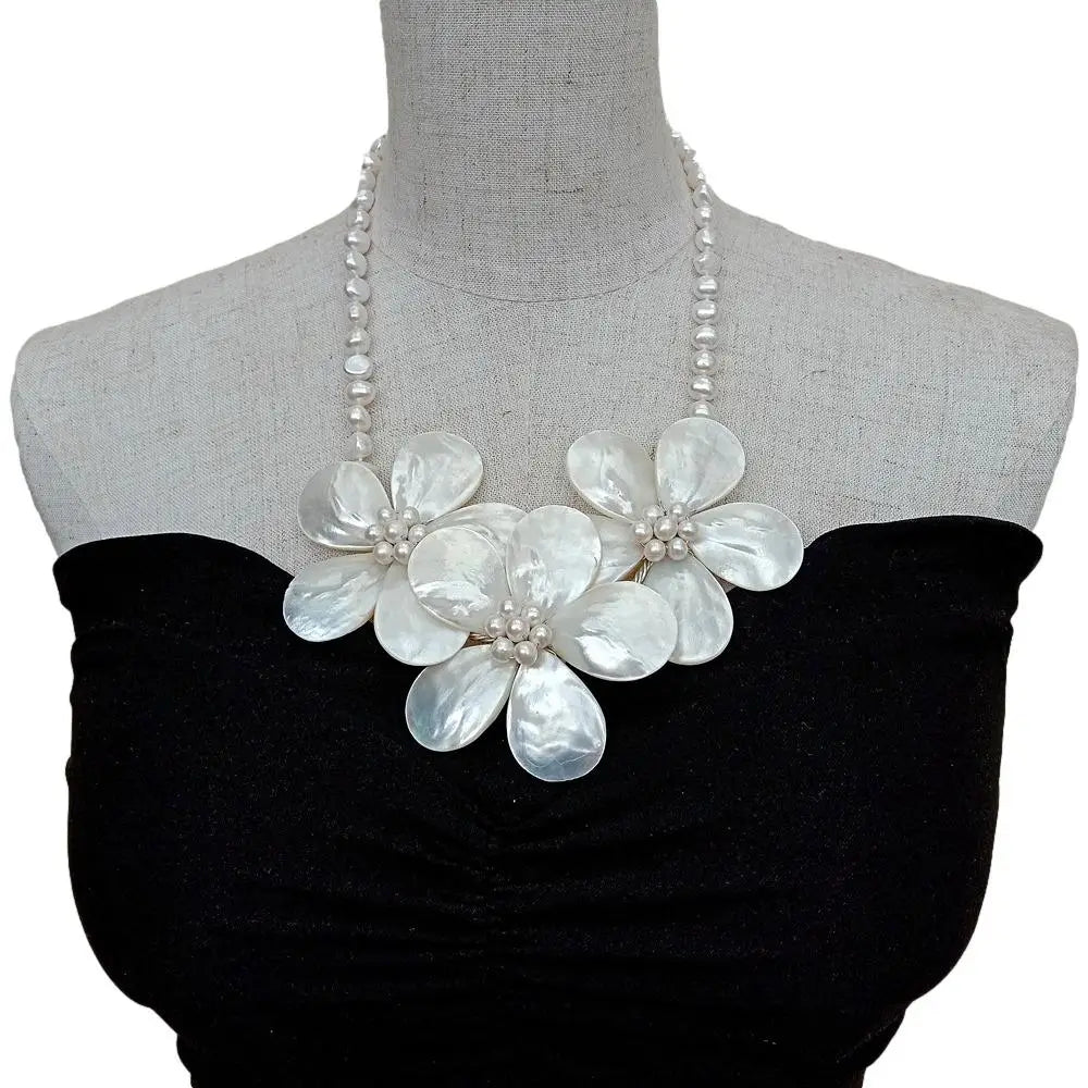 Y·YING Cultured White Baroque Pearl White Shell Flower Handmade Statement Necklace 19"