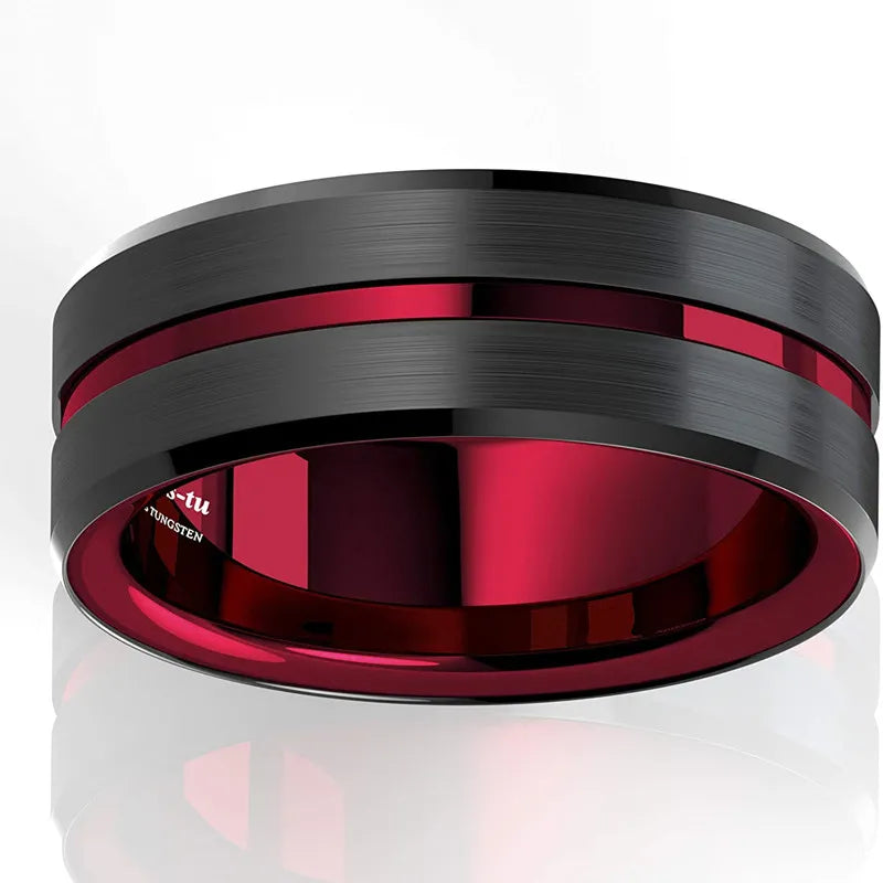 FDLK   8mm Black Carbide Stainless Steel Thin Red Line Wedding Band Ring Men's Jewelry