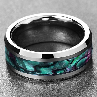 FDLK    Fine Jewelry 8MM Inlaid Abalone Shell Beveled Steel Stainless Steel Ring Wedding Jewelry US Size 6 7 8 9 10 11 12 13