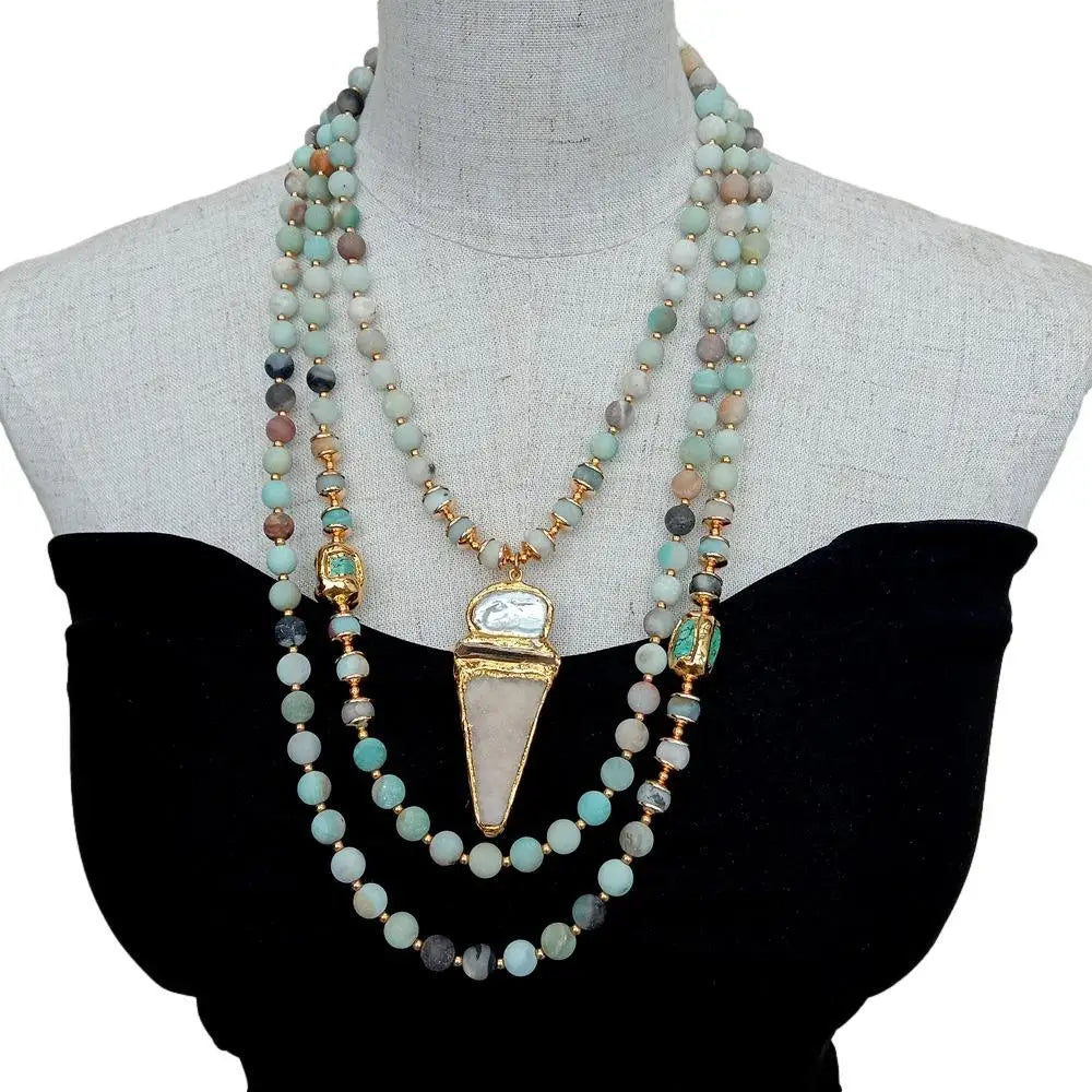 Y.YING 3 Strands Natural Moss Amazonite Multi Color Blue Turquoise Necklace Biwa Pearl Agate Druzy Pendant