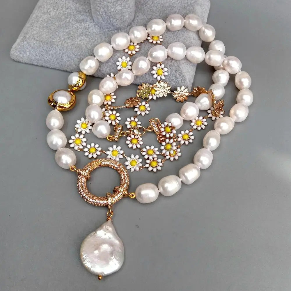 Y·YING 2 Strands White Baroque Pearl Enamel Flower Chain Necklace Coin Pearl Pendant