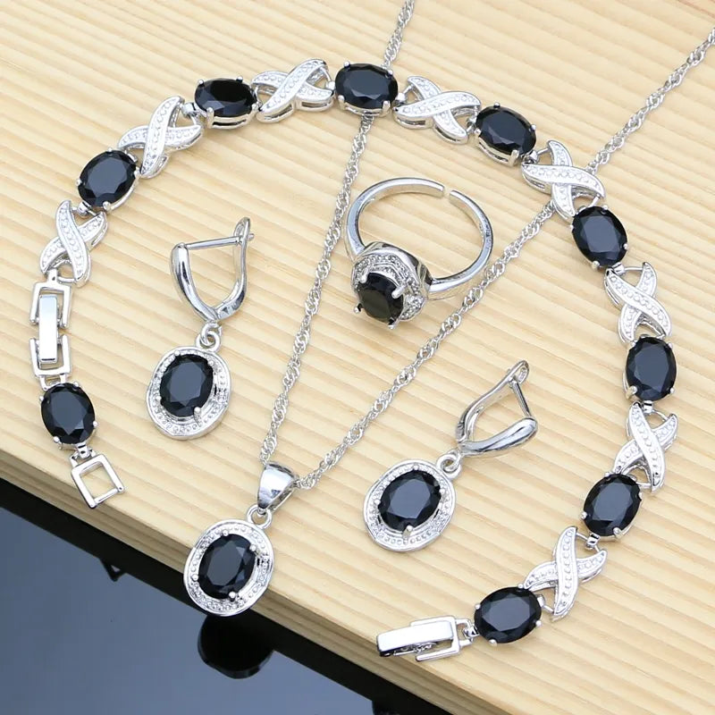 12 Colors Gemstone Silver 925 Jewelry Sets  Black Obsidian Birthstone Earrings Bracelet Resizable Ring Necklace Wholesale