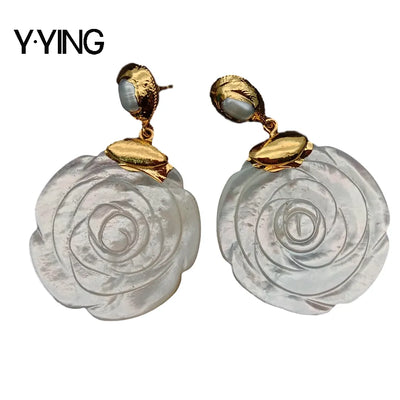 Y·YING White Mop Shell carved Flower White Pearl  Gold color Plated Stud Earrings cute Drop earrings