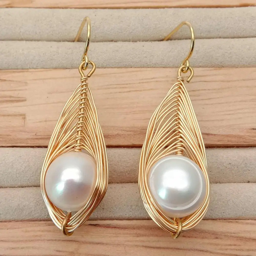 Cultured Whitefreshwater  Pearl  Yellow Gold color Plated Handmade Hook Earrings