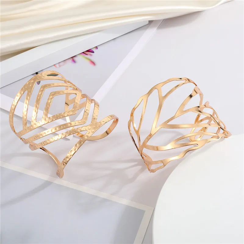 European Shiny Metal Flower Leaf Rhombus Bracelet For Women Men Open Adjustable Wide Cuff Bracelet Party Wedding Jewelry B26