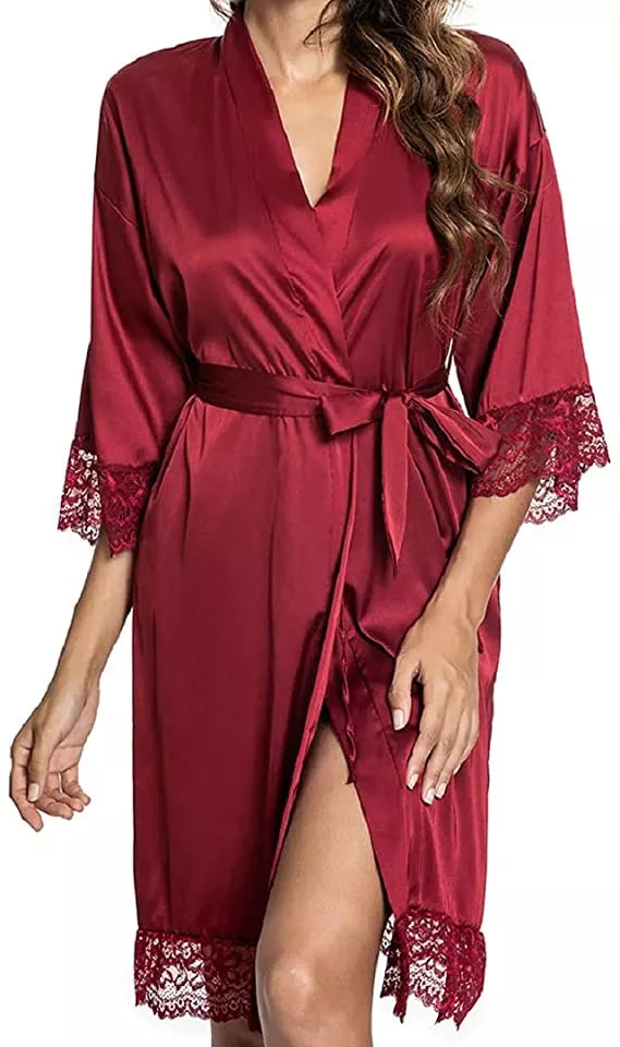 2021 New Women Ladies Sleepwear Lace Half Sleeve Nightgowns Imitation Ice Silk Sleepwear Women Night Dresses With Belt