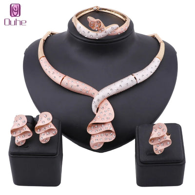 African Beads Jewelry set Women Gold Colorful Crystal Wedding Party Necklace Bangle Earring Ring Italian Jewelry Set