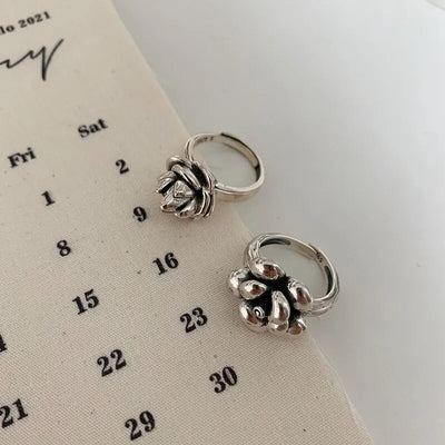 QMCOCO Vintage Punk Silver Color Sweet Flower Wide Rings Fine Jewelry For Women New Fashion Creative Party Accessories Gifts